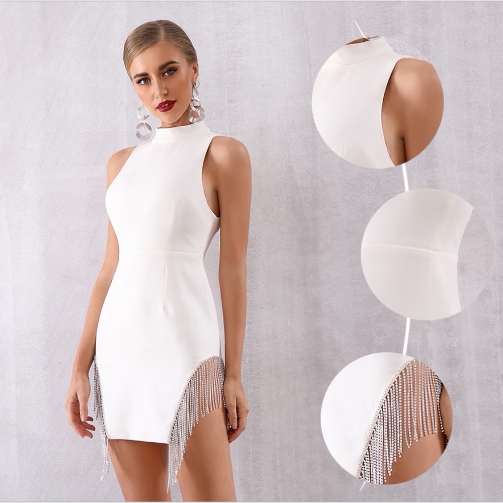 Rhinestone Fringe Detail High Neck White Dress - Picture 5 of 16